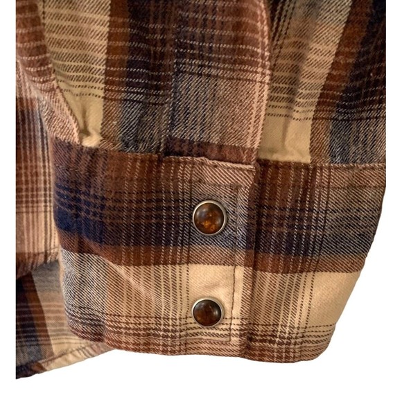 BULLHEAD Pearl Snap Mens Long Sleeve Brown Plaid Flannel Shirt - Size XL - Picture 7 of 9